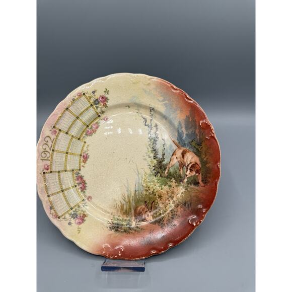 Antique 1922 Calendar Plate D.E. McNicol Pottery Dog Rabbit Hunt Scene - Picture 1 of 6